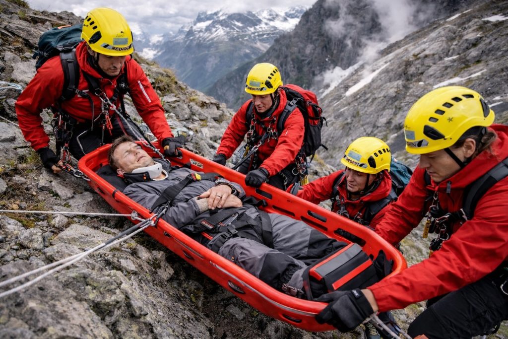 Fjellredningsscenario med redningsbåre